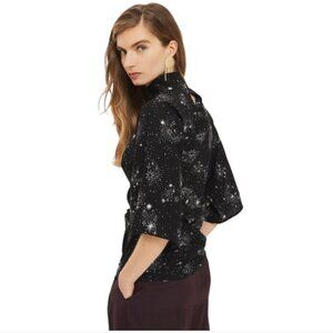 Topshop Black Origami Star Print Tuck Neck Blouse in Size 8 - Like New